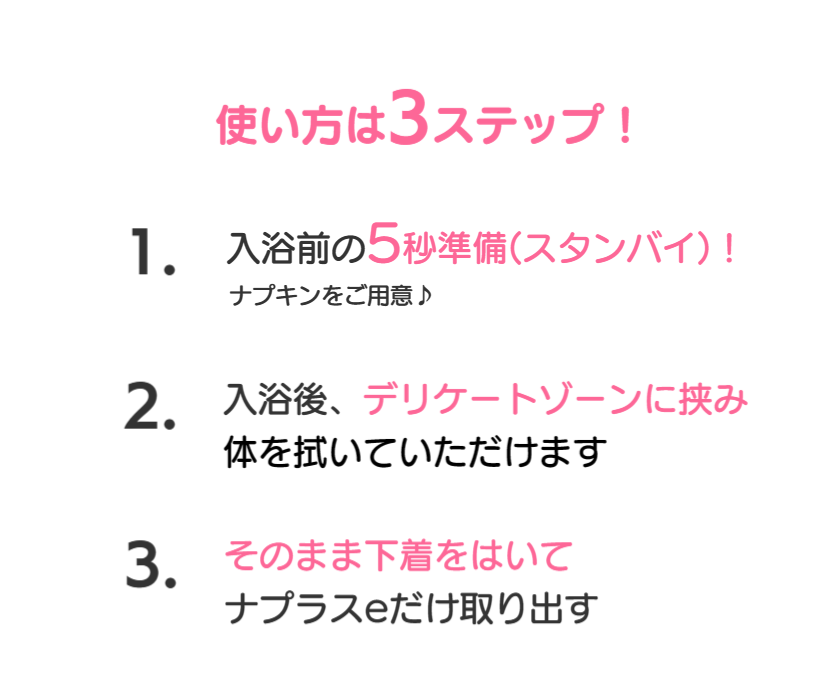生理日のお風呂上がり対策。経血問題を解決するナプキン補助商品。生理の女性の悩み　ストレス　不安　お風呂上りにポタポタ垂れでバスマットやタオル　足を汚さない　下着に付けるの　デリケートゾーンに挟む　ナプラスeを付けたままショーツをはく　フェムテック　フェムケア　産後生理　生理日あるある　昼用　夜用　教えて生理の事　お股に挟む　災害時の生理　自衛隊のお風呂　補助商品　生理用品　お風呂上り３分間問題